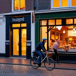**A bustling Dutch street scene at dusk. In the foreground, a delivery cyclist on a "Thuisbezorgd.nl" bike weaves through pedestrians. In the background, a warmly lit restaurant with people dining inside and a social media post being taken.** (Focuses on the delivery trend and return to dining out, social media impact)
