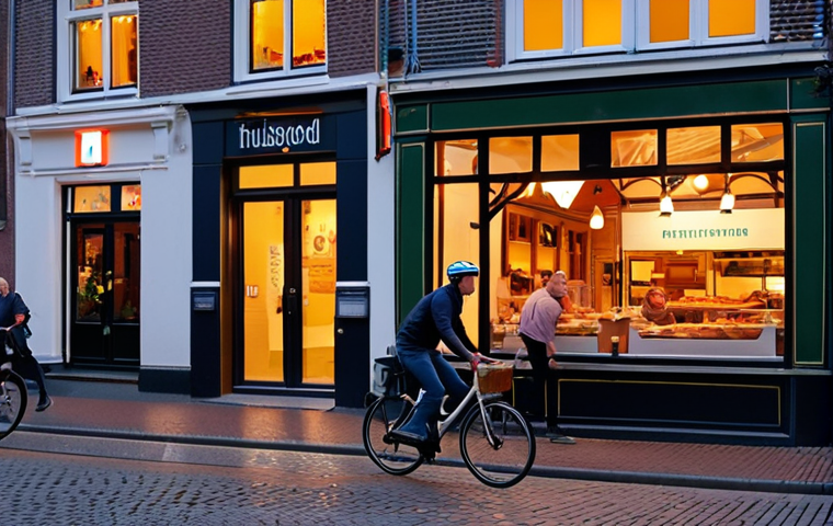 **A bustling Dutch street scene at dusk. In the foreground, a delivery cyclist on a "Thuisbezorgd.nl" bike weaves through pedestrians. In the background, a warmly lit restaurant with people dining inside and a social media post being taken.** (Focuses on the delivery trend and return to dining out, social media impact)