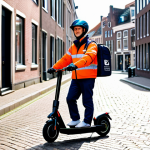 Modern Food Delivery**

"A friendly delivery person wearing a branded company uniform, riding an electric scooter through a typical Dutch city street with brick buildings and canals. The delivery person is holding a thermal bag with food. Safe for work, appropriate content, fully clothed, professional, perfect anatomy, correct proportions, natural pose, bright daylight, realistic rendering, high quality."

**