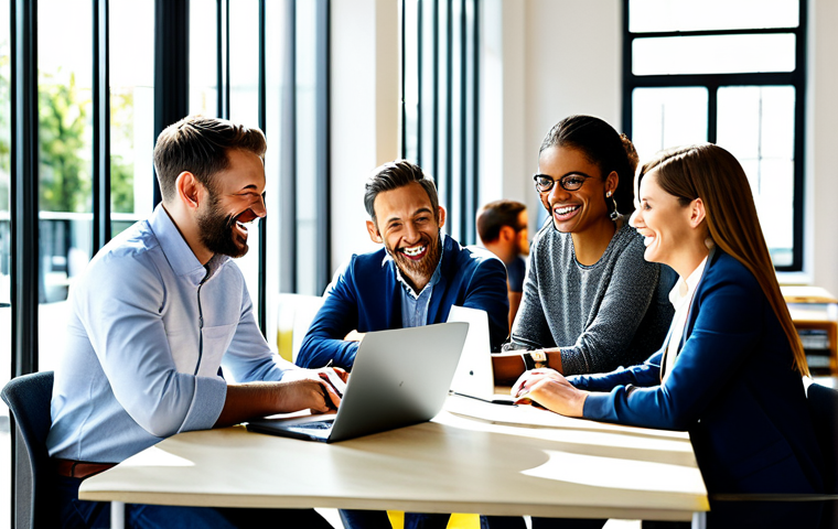 **
"A diverse group of colleagues in a modern, sunlit co-working space, collaborating around a table with laptops and documents, fully clothed in business casual attire, smiling and engaged in a productive discussion, safe for work, appropriate content, perfect anatomy, correct proportions, natural pose, professional environment, high resolution, family-friendly."
**